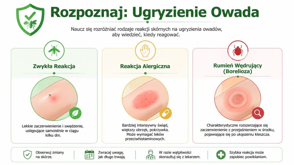Infografika przedstawiająca jak rozpoznać zwykłą reakcję, reakcję alergiczną oraz rumień wędrujący po ugryzieniu przez owada lub kleszcza.