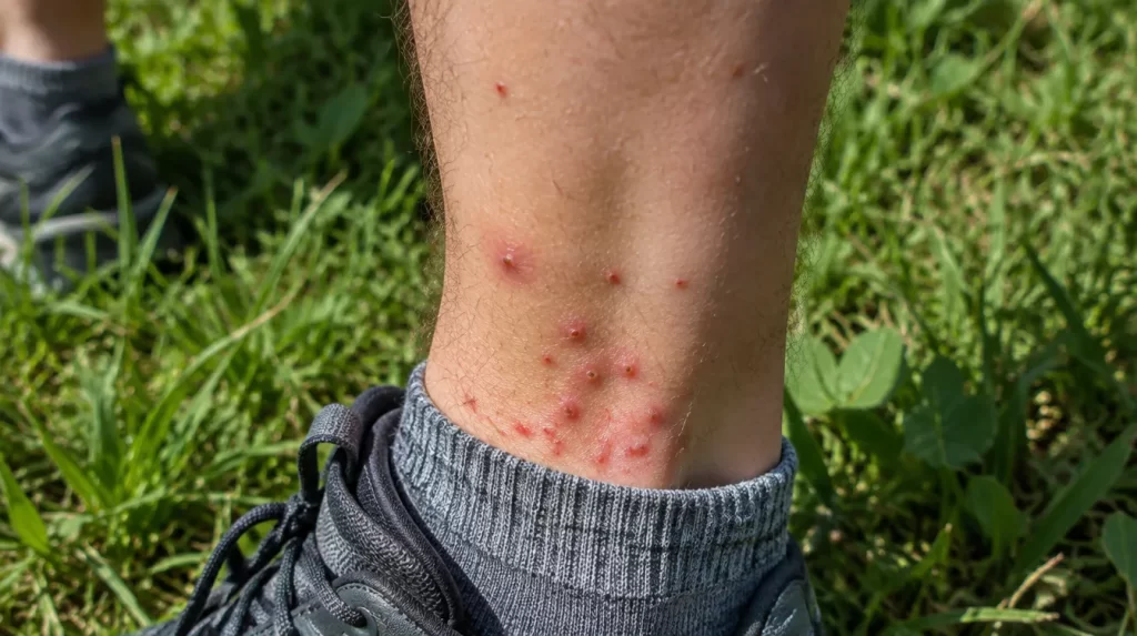 Ugryzienia swędzika jesiennego wzdłuż gumki skarpety